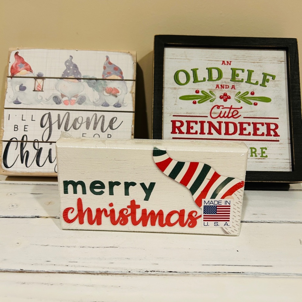 Christmas Wooden Signs- Lot Of 3 -Two With Gnome Theme
